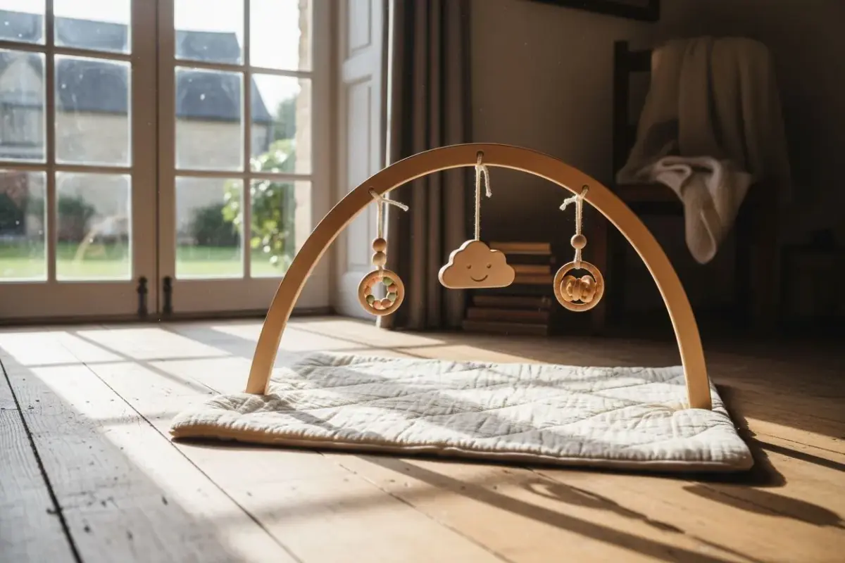 Arche d’éveil en bois au-dessus d’un tapis, lumière du matin
