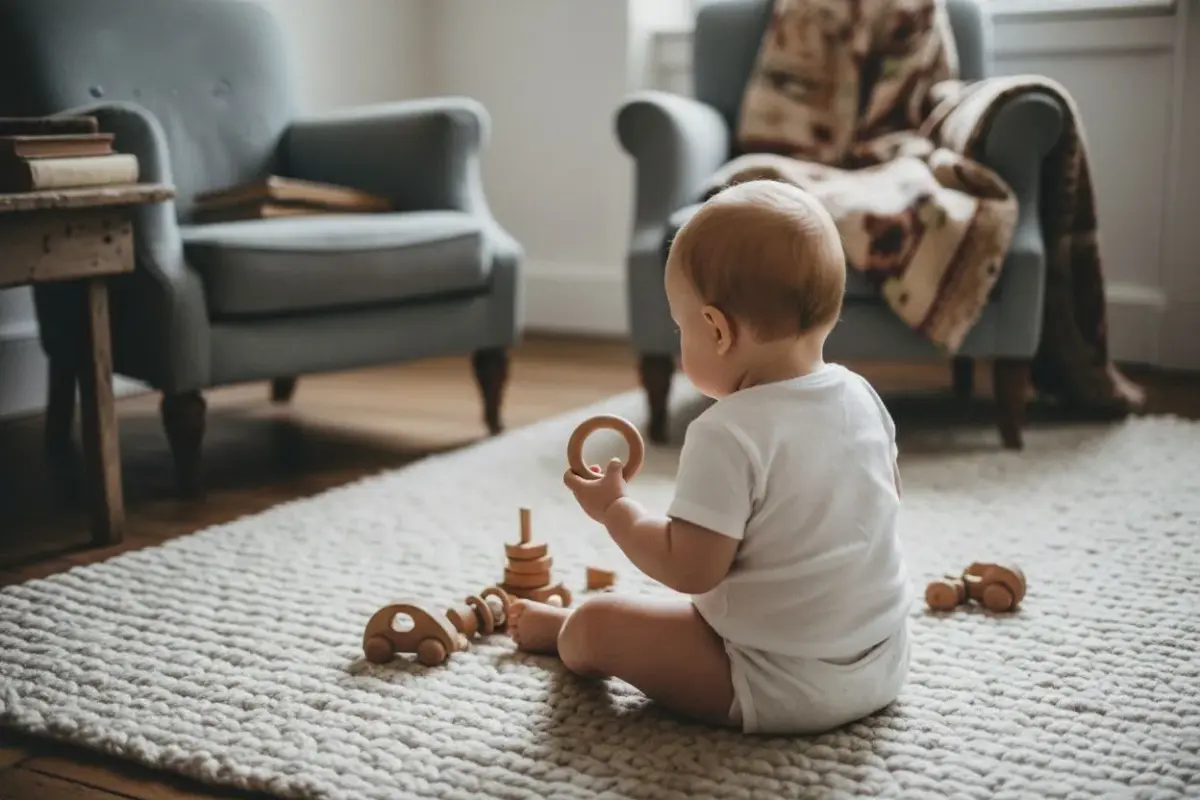 Bébé de huit mois assis sur un tapis, un anneau de dentition en bois à la main