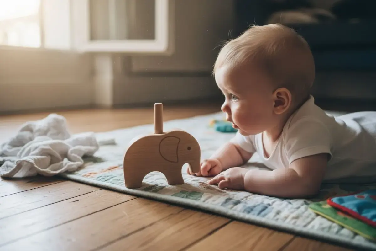 Bébé de quatre mois sur le ventre qui regarde un éléphant en bois sur son tapis