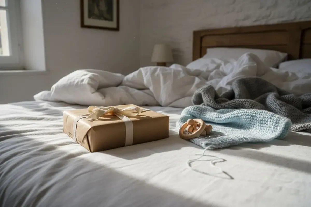 Paquet cadeau en papier kraft, hochet en bois et couverture tricotée sur un lit
