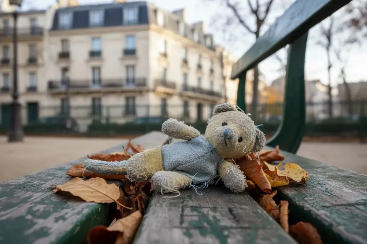 Doudou oublié sur un banc de square parmi les feuilles d’automne