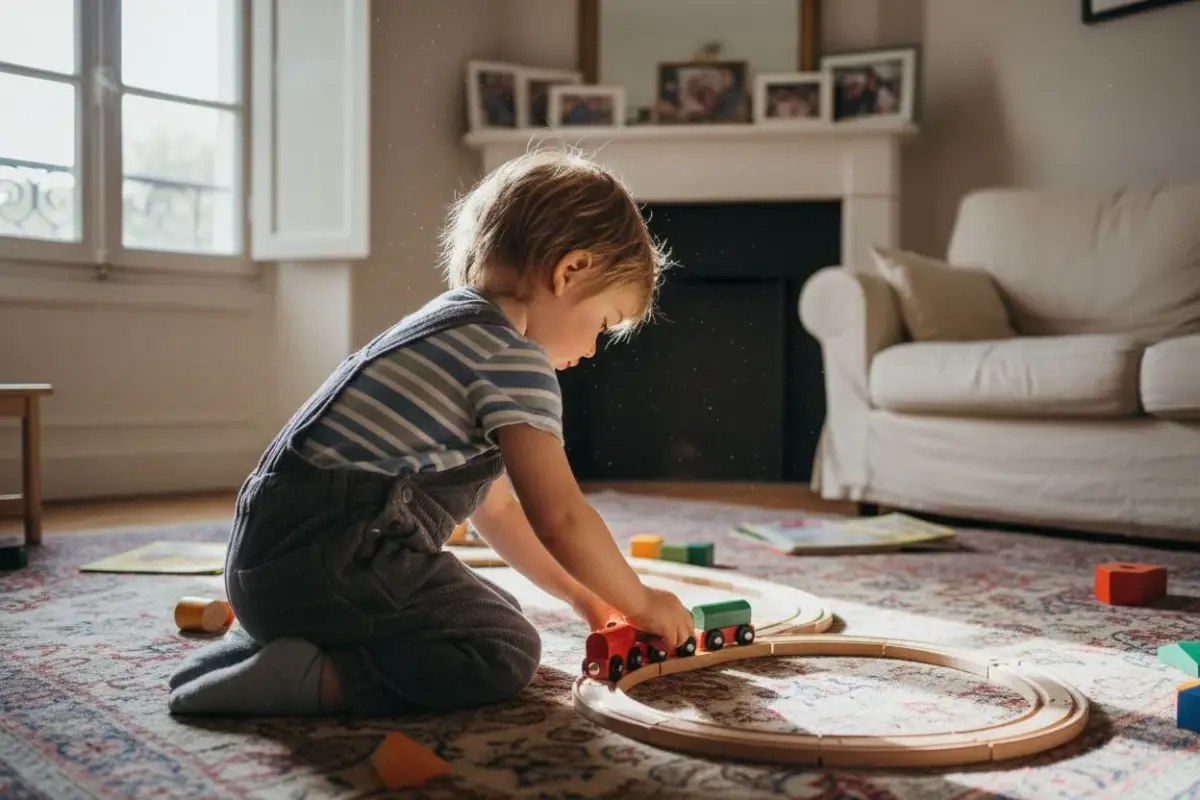 Enfant de trois ans qui construit un circuit de train en bois sur un tapis