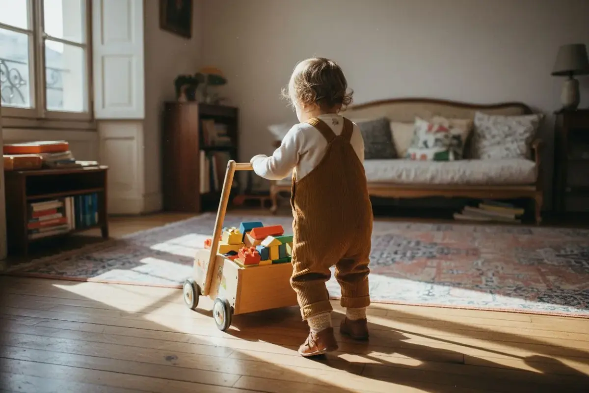 Enfant d’un an qui marche en poussant un chariot de marche en bois