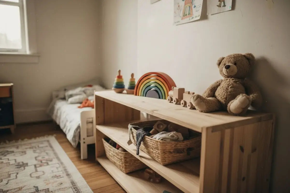 Étagère basse de chambre d’enfant avec arc-en-ciel, train en bois et ours en peluche