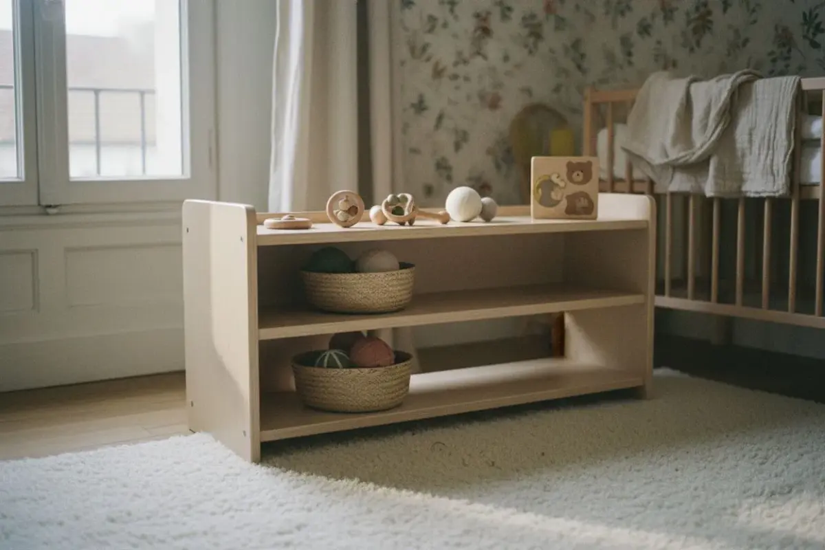 Étagère Montessori basse avec quatre jouets d’éveil dans une chambre de bébé