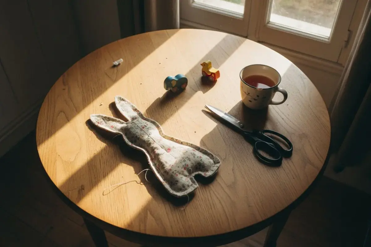 Lapin en tissu en cours de couture, ciseaux et petits jouets en bois sur une table