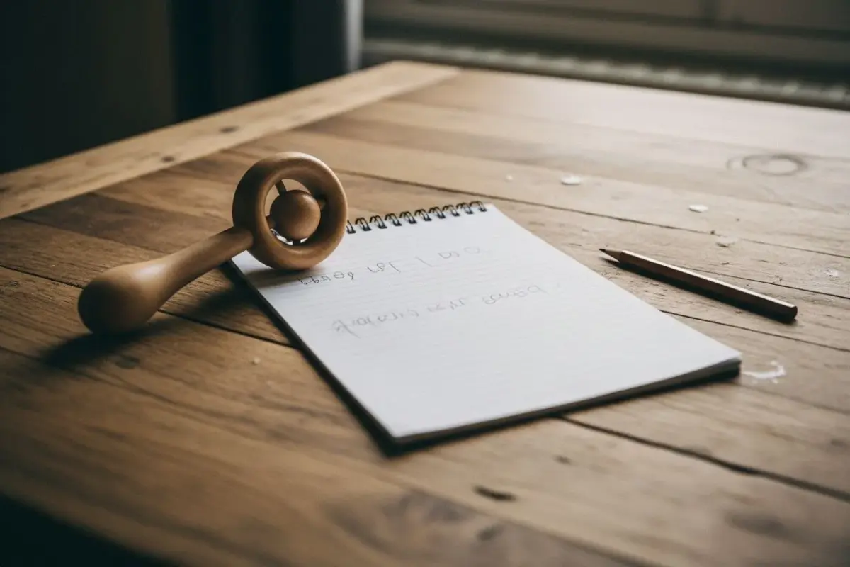 Liste de cadeaux de naissance écrite à la main à côté d’un hochet en bois