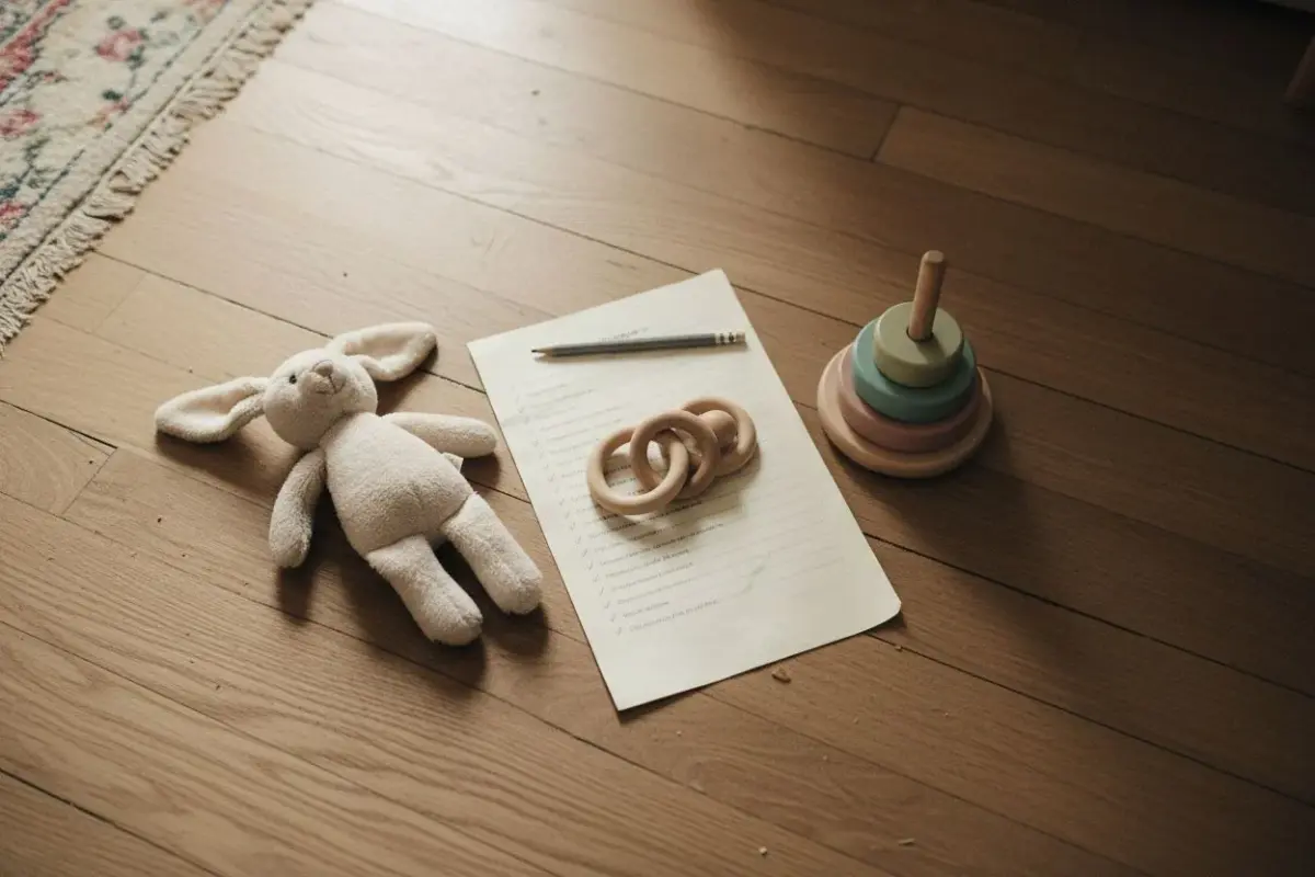 Liste imprimée posée sur un parquet avec un hochet, un lapin et un empileur