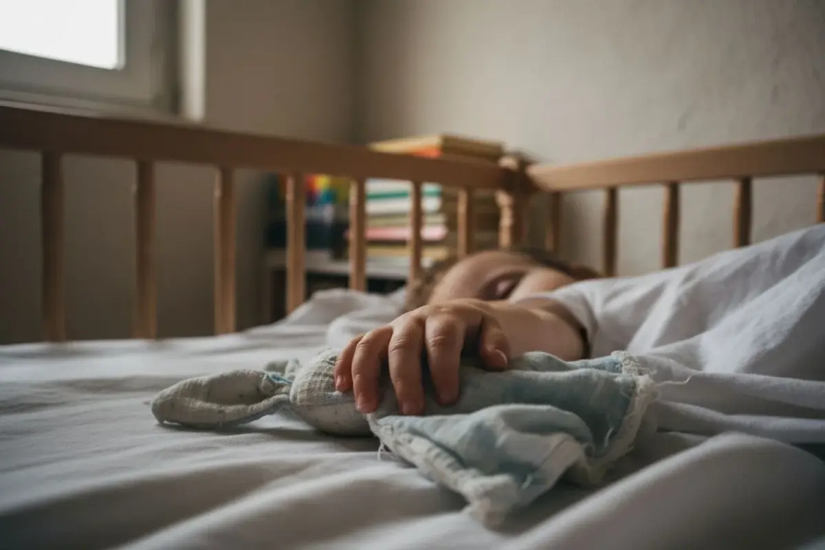 Main d’un enfant endormi qui tient un doudou lange en gaze