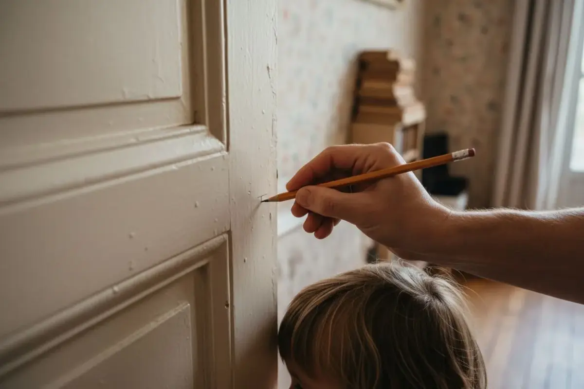 Main d’un parent qui marque au crayon la taille d’un enfant contre une porte