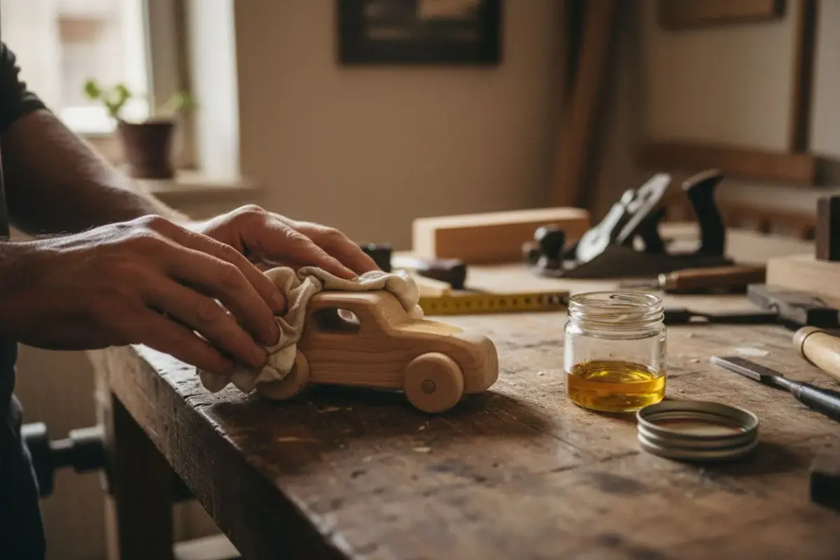 Mains qui huilent une petite voiture en bois brut avec un chiffon