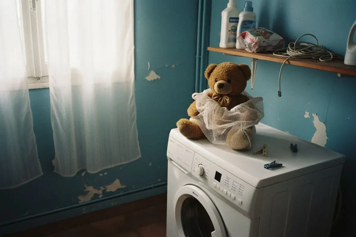 Ours en peluche dans un filet de lavage posé sur une machine à laver