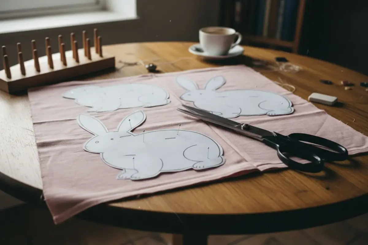 Patrons en papier de lapins épinglés sur un tissu rose avec des ciseaux de couture