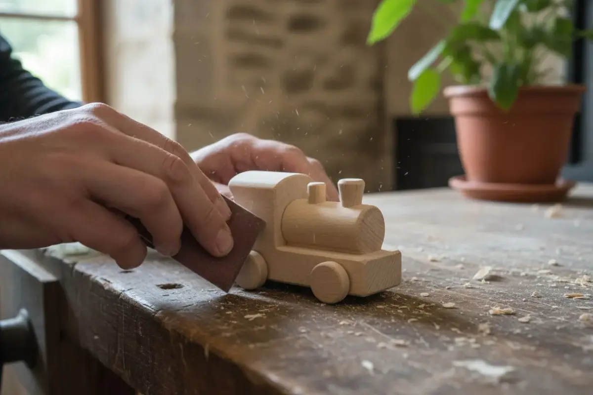 Mains qui poncent un petit train en hêtre sur un établi