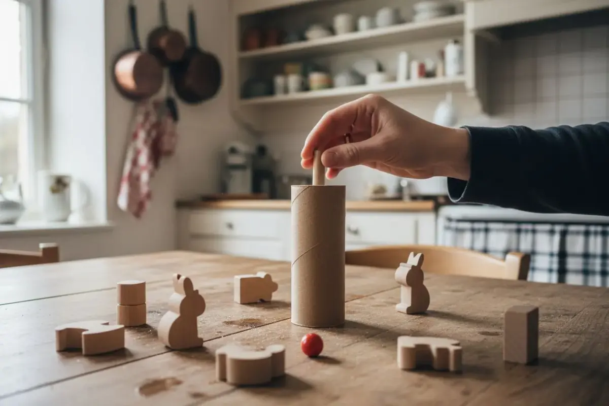 Rouleau de carton et petites pièces de jouets en bois testées sur une table