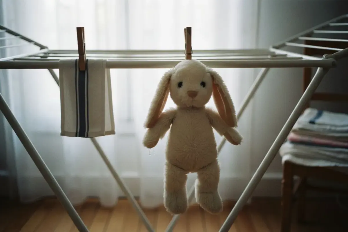 Peluche lapin qui sèche suspendue par les oreilles à un étendoir
