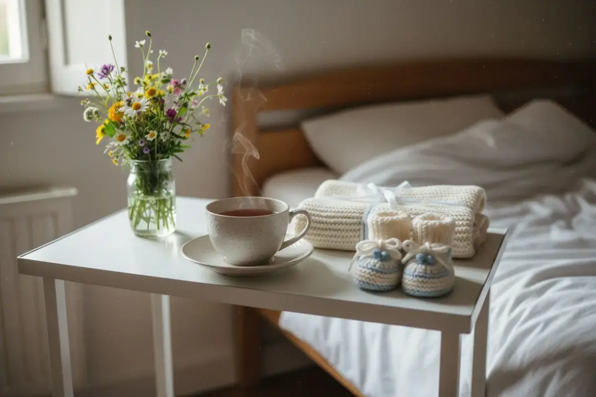 Table de chevet avec une tasse de thé, un bouquet et des chaussons tricotés pour bébé
