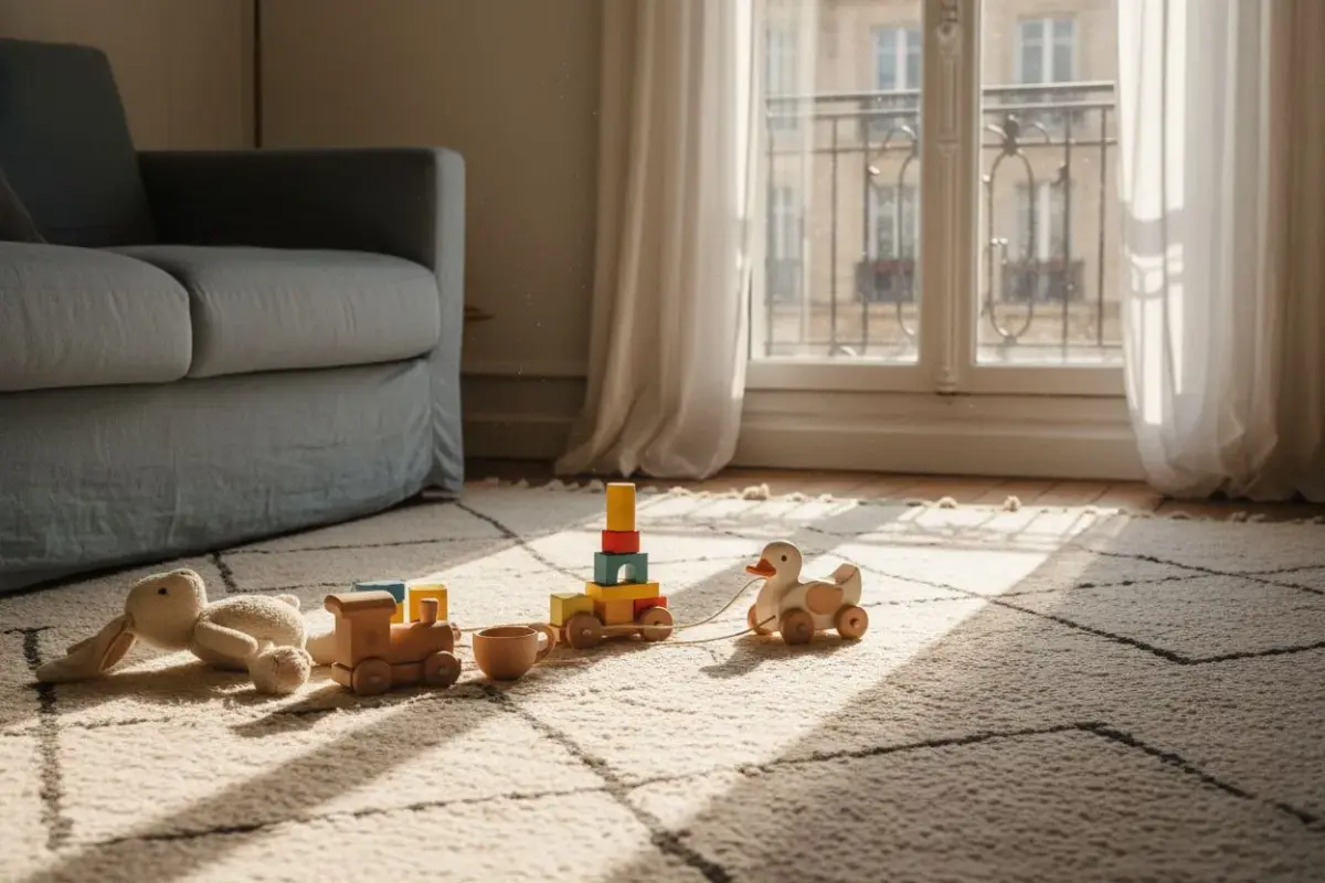 Tapis de salon avec des jouets en bois et un lapin en peluche laissés en plein jeu