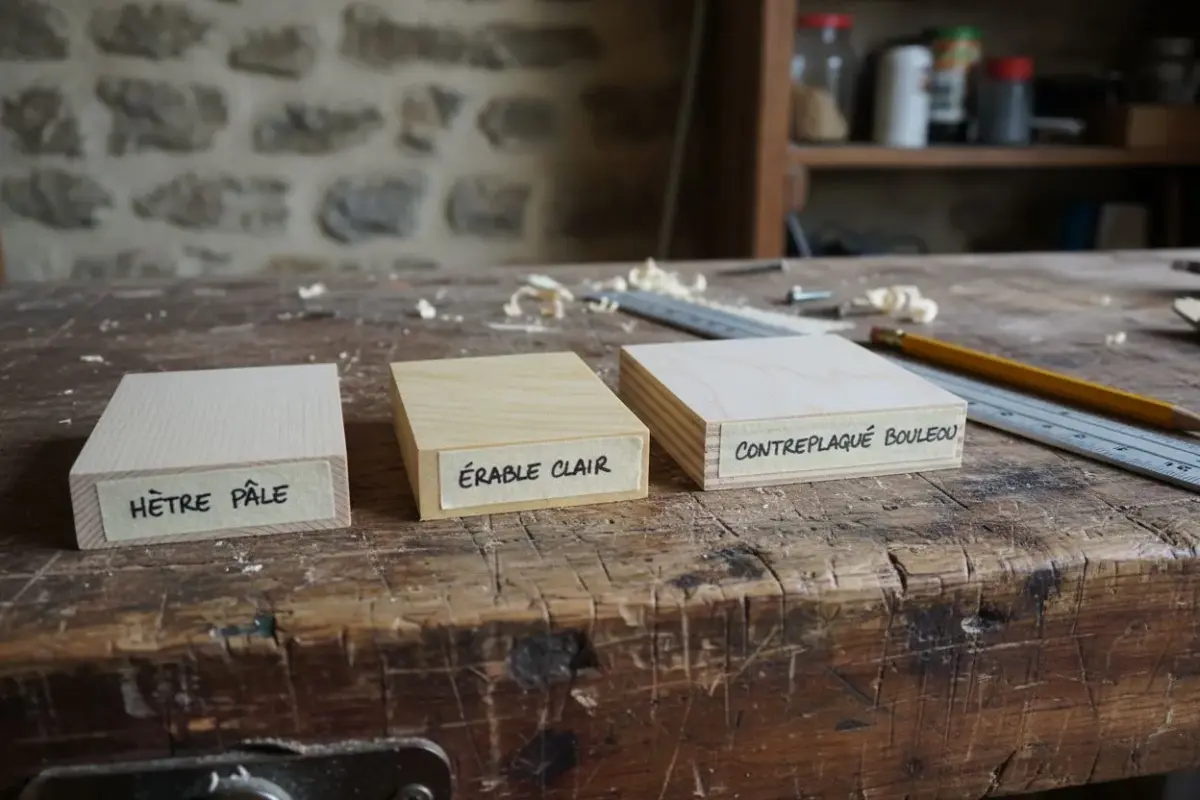 Trois chutes de bois, hêtre, érable et contreplaqué bouleau, étiquetées sur un établi